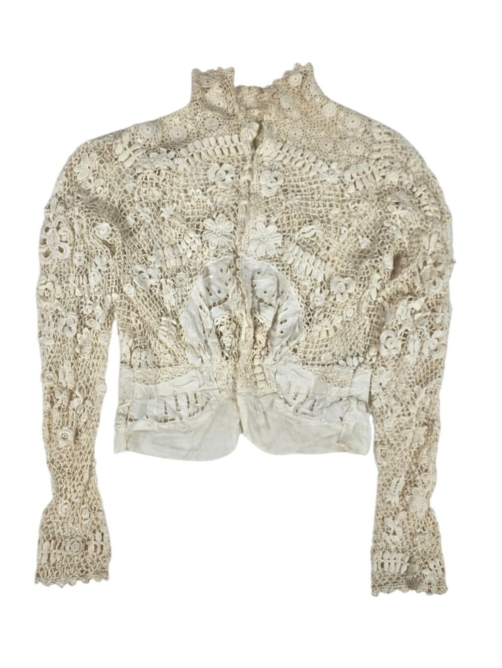 Antique Edwardian Irish Crochet Lace Blouse Bodice High Neck MOPearl Buttons